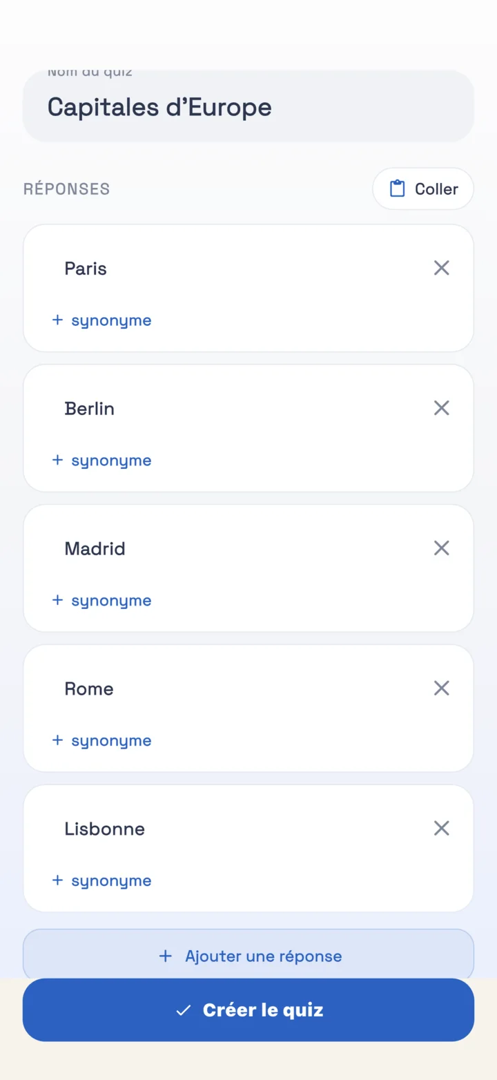 Création d’un quiz personnalisé dans Blitz List