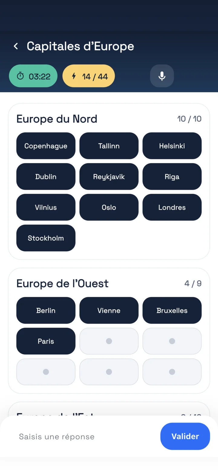 Partie Capitales d’Europe avec réponses trouvées et chrono