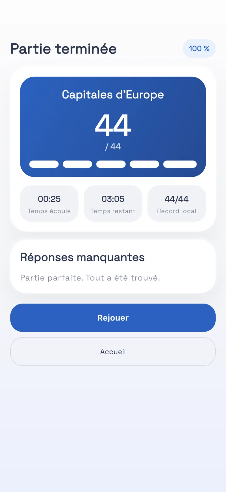 Résultat parfait de 44 réponses sur 44 dans Blitz List