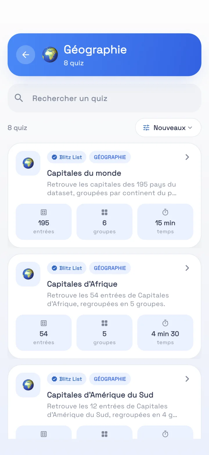 Liste des quiz de géographie dans Blitz List
